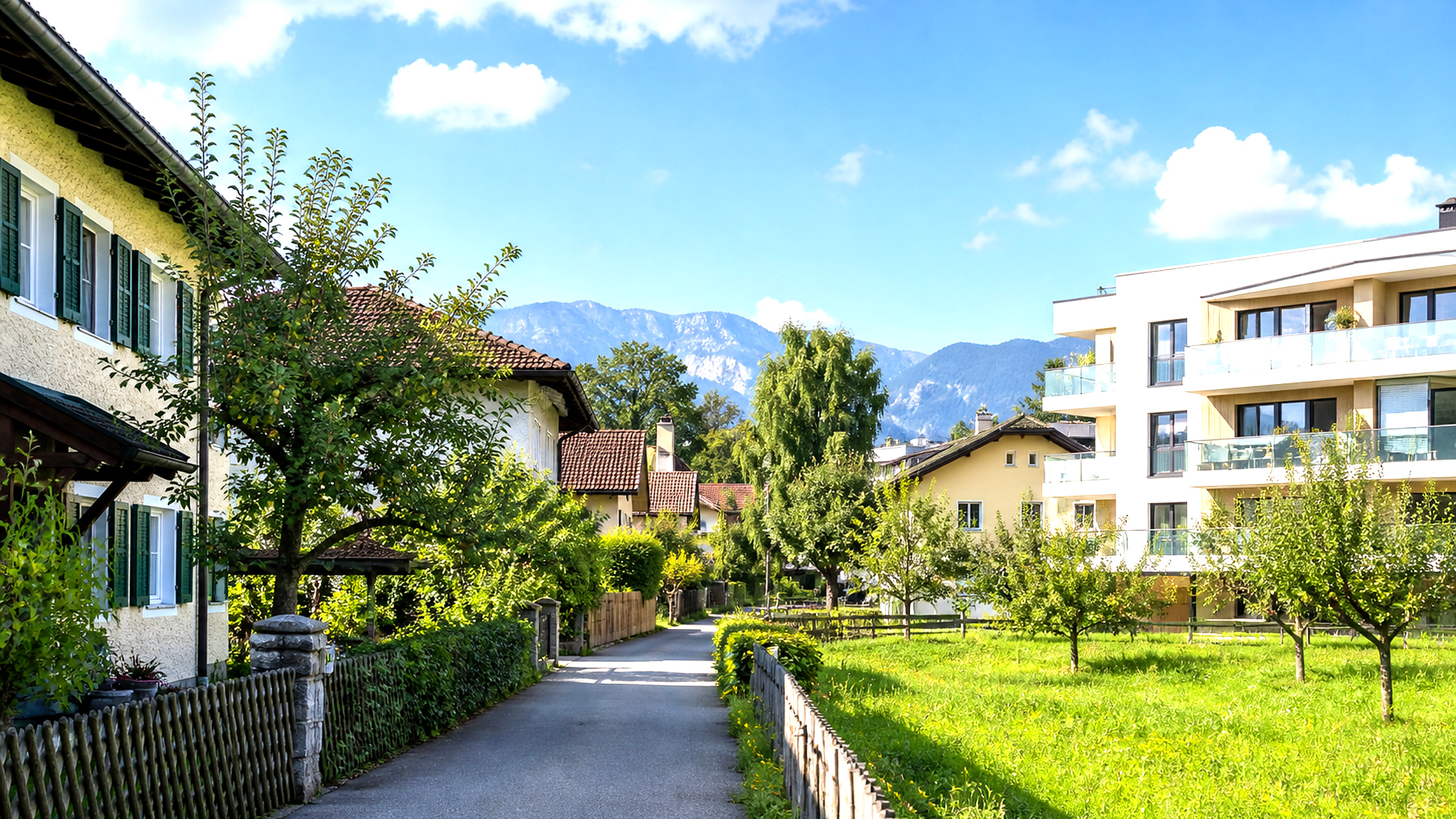 Wohnstraße mit Häusern und Bäumen in Liefering